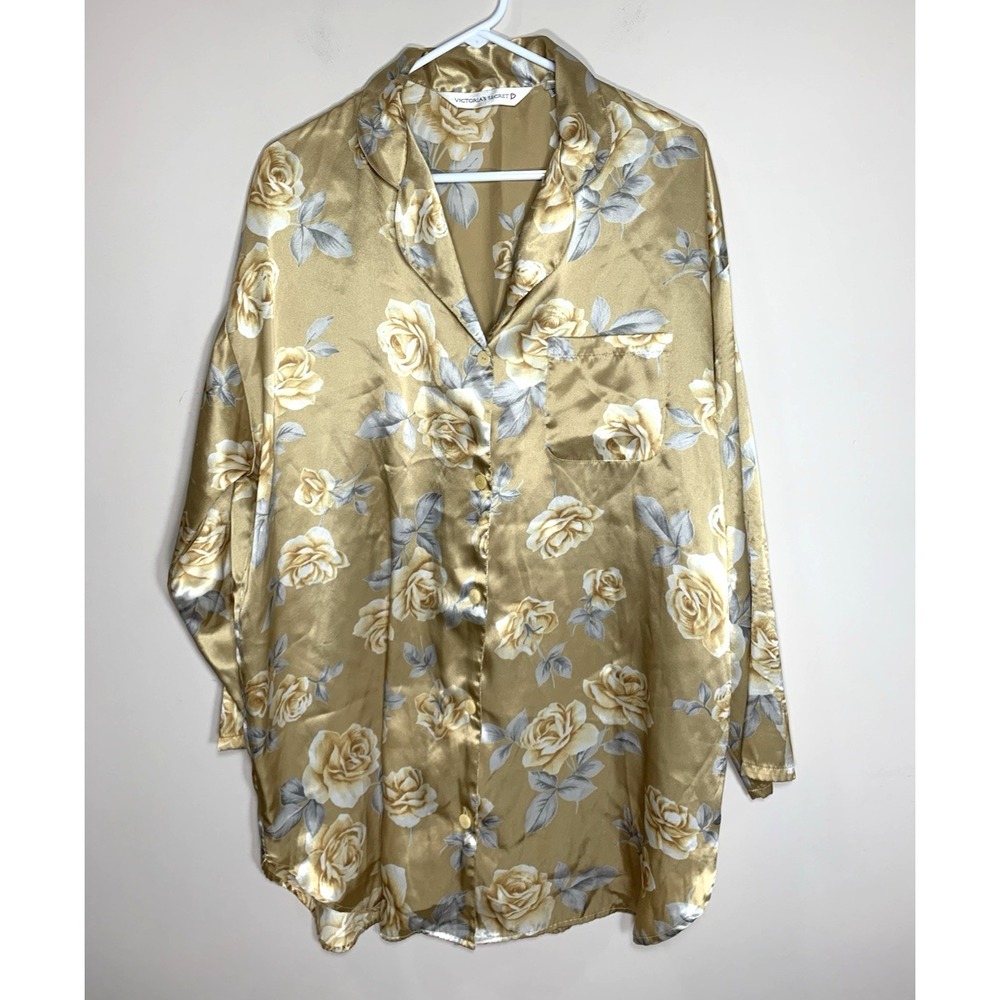 Victoria's Secret Satin NightShirt Womens Large Gold Rose Floral Sleep Nightgown